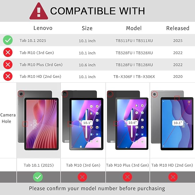 Junfire Shockproof Case for Lenovo Tab 10.1 (TB-311XU/TB-311FU) 2025 2026 | Screen Protector 360 Rotating Kickstand Hand Strap Shoulder Belt Black