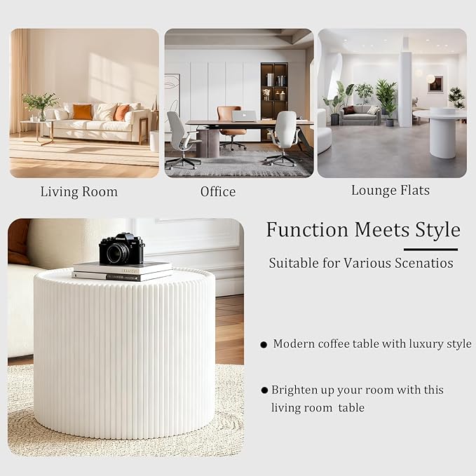 Round Coffee Table Set with Sintered Stone Tabletop, 29.52" Black Drum Center Table and 17.71" White Coffee Table Set, 2 Pieces Living Room Table Set with Fluted PU Leather Cover& Stable Base