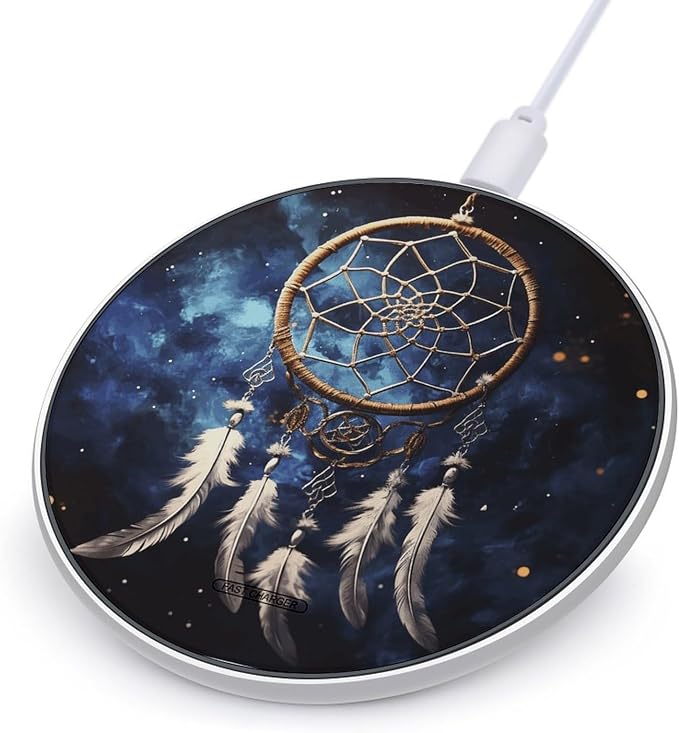 White Fantasy Dream Catcher Wireless Charger Fast Charging Pad | Anti-Slip Qi Certified Wireless Charging Pad for All Phones with Wireless Charging Function for Home Office Travel