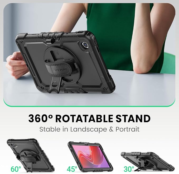 SEYMAC Case for Lenovo Tab M11/K11 11 Inch Black | Heavy Duty Shockproof Protective Built-in Screen Protector 360° Rotating Stand Hand/Shoulder Strap