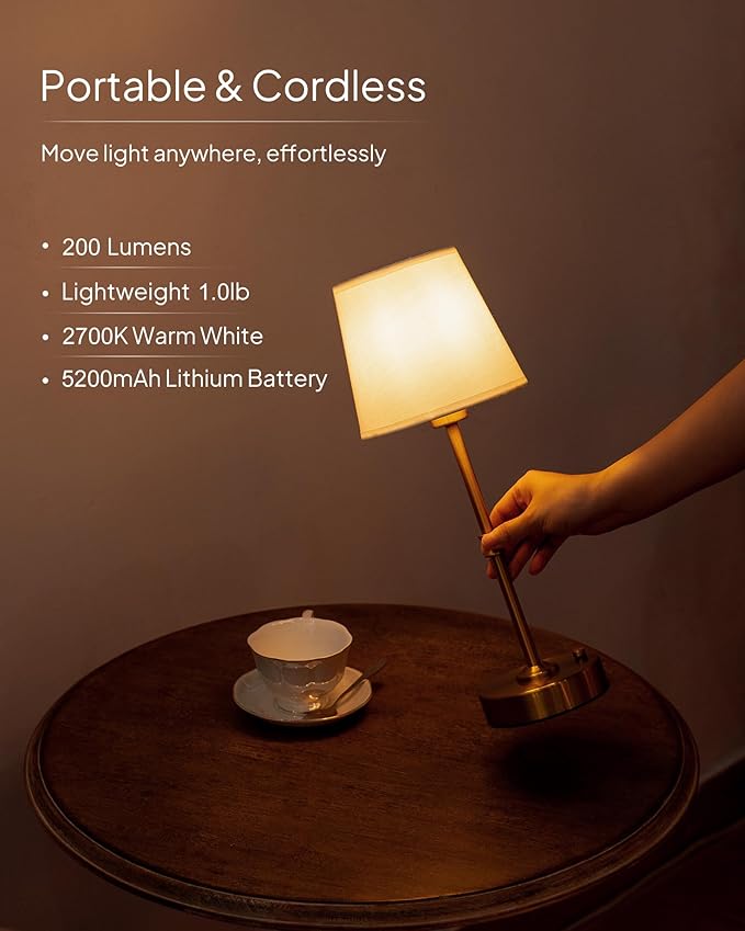 EppieBasic Cordless Table Lamp Rechargeable: Fast Charging & Long Lasting - 2700K Warm Light Vintage Gold Lamps for Women Housewife - Dinning Living Room Bedroom