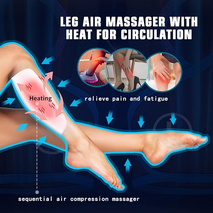comrelax Rechargeable Leg Massager with Heat for Circulation Air Compression Pain Relief Calf Foot Massager Electric Machine Massage Handheld Controller 3 Intensities 3 Modes