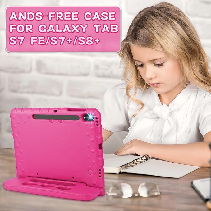Heavy Duty Kids Case for Samsung Galaxy Tab S7 FE/S7 Plus/S8 Plus 12.4 inch | Rugged Protection Cover for Galaxy Tab S8+/Tab S7 FE/S7+ 2022/2021/2020 with S-Pen Holder Handle StandEVA Foam Rose Red