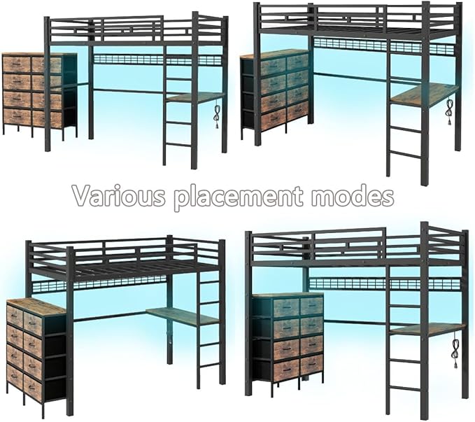 Loft Bed Twin Size with Desk, 8 Storage Drawers, Power Outlet, LED Metal Loft Bed with Storage Shelve, Bed with Safety Guardrail & Ladders,Space-Saving,Black