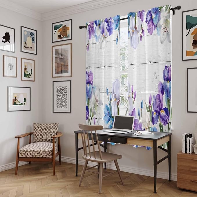Spring Flowers Kitchen Curtains, Watercolor Garden Florals Wooden Grain Light