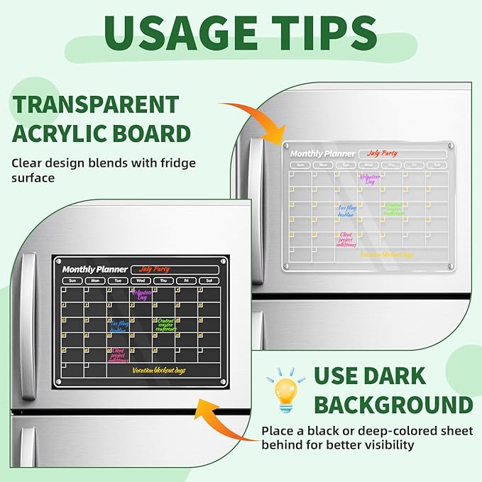FINDMAG Acrylic Magnetic Dry Erase Board Calendar for Refrigerator, Magnetic Whiteboard for Fridge, 16"x12" Monthly Magnet Calendar for Refrigerator with 8 Colorful Highlight Markers