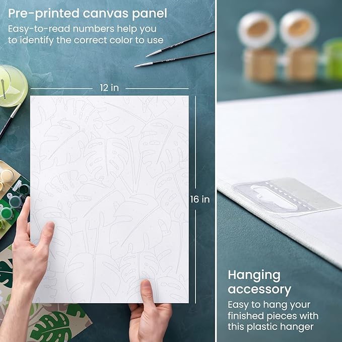ARTEZA Paint by Numbers Kit, 12x16 Inches, 21 Pieces, Monstera Canvas Painting Kit, Canvas Panel, 12 Acrylic Paint Pots, 5 Paintbrushes, Art Supplies for a Meditative and Calming