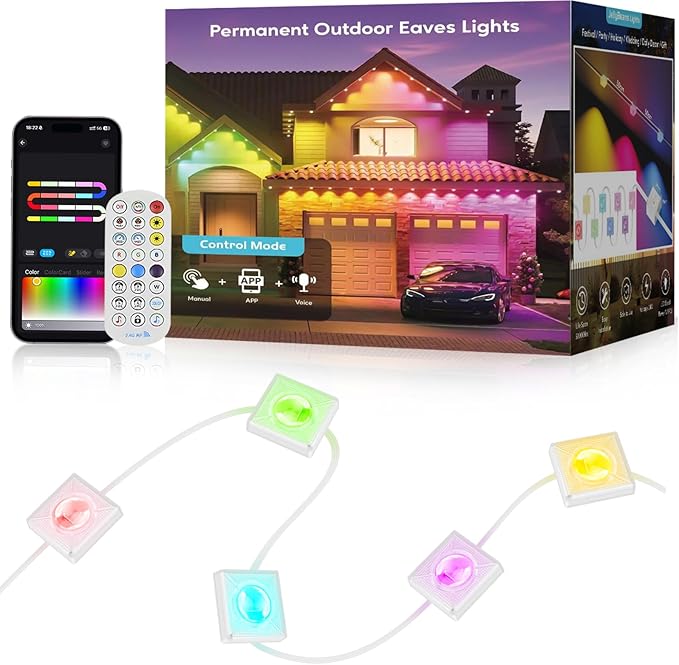 Permanent Outdoor Lights, 50FT RGB+IC LED Lights with Smart APP & Remote Control, 72 Scene Modes, Waterproof IP65 for Holiday, Christmas, Yard Decorations(Extension Cord Not Included)