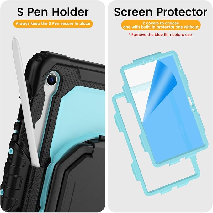 HXCASEAC Case for Galaxy Tab S10 lite / S10 FE / S9 FE 10.9 Inch Shockproof | 360° Rotating Stand | S Pen Holder | Screen Protector | Shoulder Strap | Samaung S10 Lite Tablet Case Kids Black