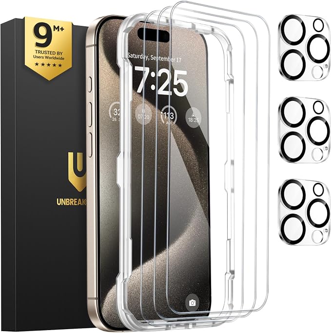 UNBREAKcable iPhone 15 Screen Protector 3-Pack Upgraded Dual-Tempered Glass + 3 Camera Lens Protectors Military-Grade 9H Hardness HD Clarity Anti-Fingerprint Case Friendly 6.1 Inch | Upgraded Du