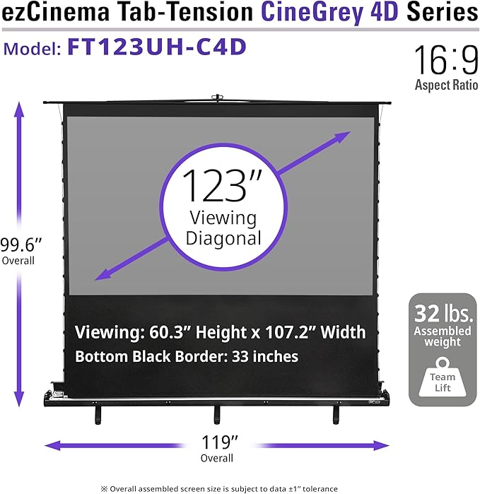 Elite Screens ezCinema Tab-Tension CineGrey 4D, 123-inch 16:9, Manual Floor Pull Up ISF Ceiling Ambient Light Rejecting, Portable Home Office Classroom Projector Screen with Carrying Bag, FT123UH-C4D