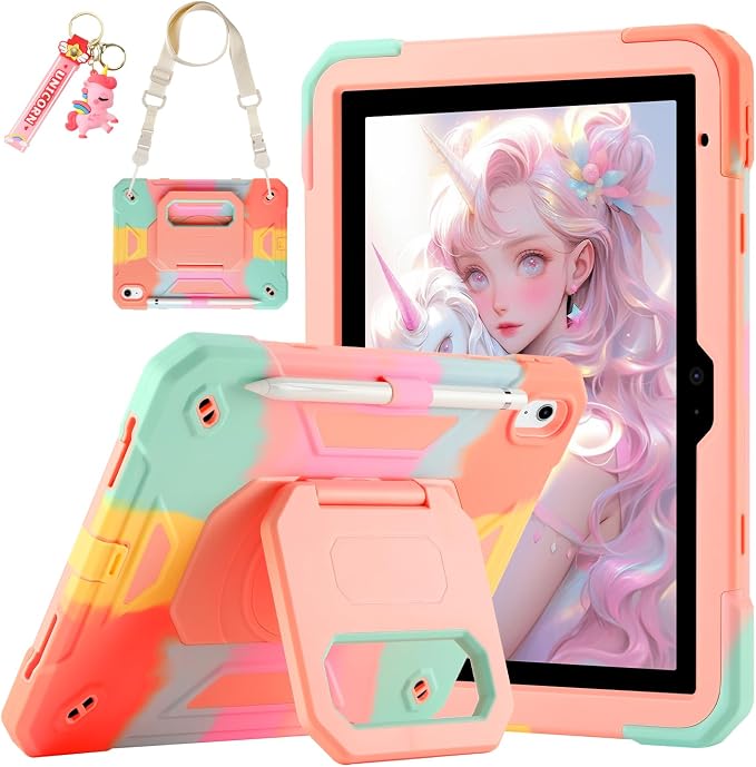 for iPad (A16) 11th Generation Case 11 Inch 2025/ iPad 10th Generation Case 10.9 Inch 2022 with 360 Rotating Grip Magic StandPencil Slot/Key Chain/Carrying Shoulder Strap Cover for iPad 10th Gen
