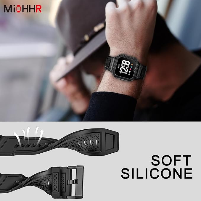 MioHHR Stainless Steel Case and Band Compatible with Fitbit Versa 4/3/2/Lite/Sense/Sense 2 Bands with Metal Case, Rugged Sports Protector Cover Silicone Wristbands for Men, Black