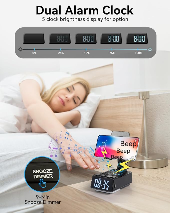Birthday Gifts for Women Men 7 in 1 Multi-Function Phone Stand with Bluetooth Speaker Portable Charger Alarm Clock LED Light USB Playback Hands-Free Calling (Black)