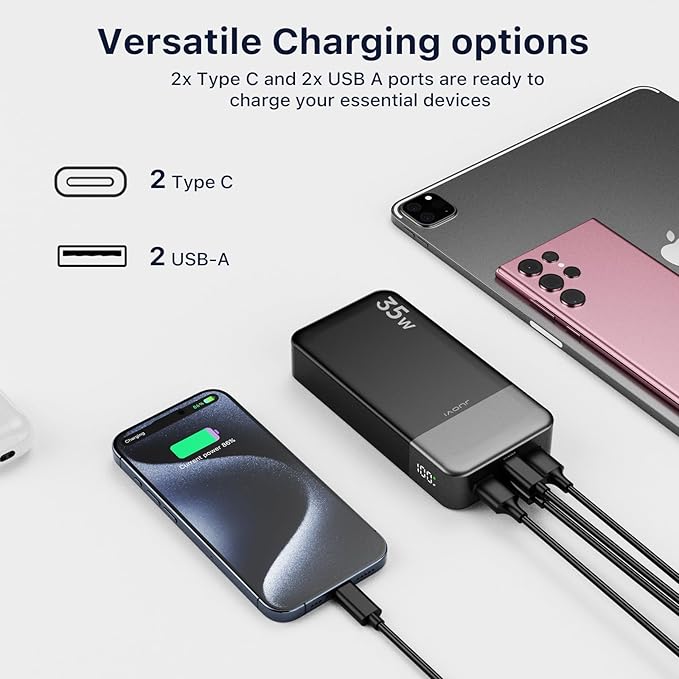 Portable Power Bank 20000mAh, 35W Portable Charger, Battery Pack Fast Charging, PD3.0 QC4.0 Phone Battery Pack with LED Display for iPhone 16 15 14, Galaxy, Tablet, Switch, etc