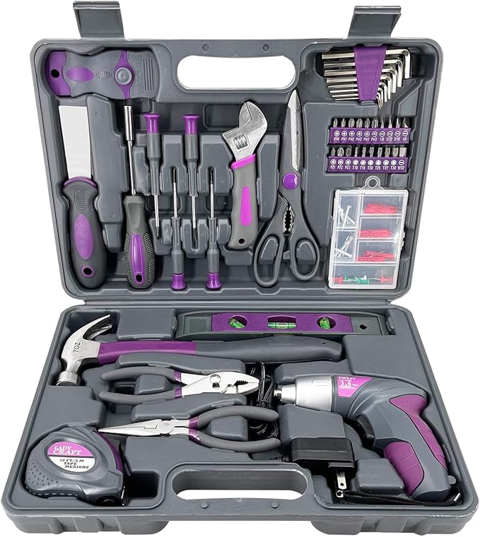 44PCS 4V Cordless Screwdriver Tool Kit Set Pink Color Tools Lady Tools Kit Home Repair Set Toolbox Hand Tool Kit Storage Case Gift Set LADYCRAFT