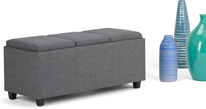 SIMPLIHOME Avalon Storage Ottoman - 42 inch Wide Upholstered Linen Look Fabric Rectangular Flip-Top Ottoman in Slate Grey, Contemporary Coffee Table Ottoman for Living Room with Hidden Storage