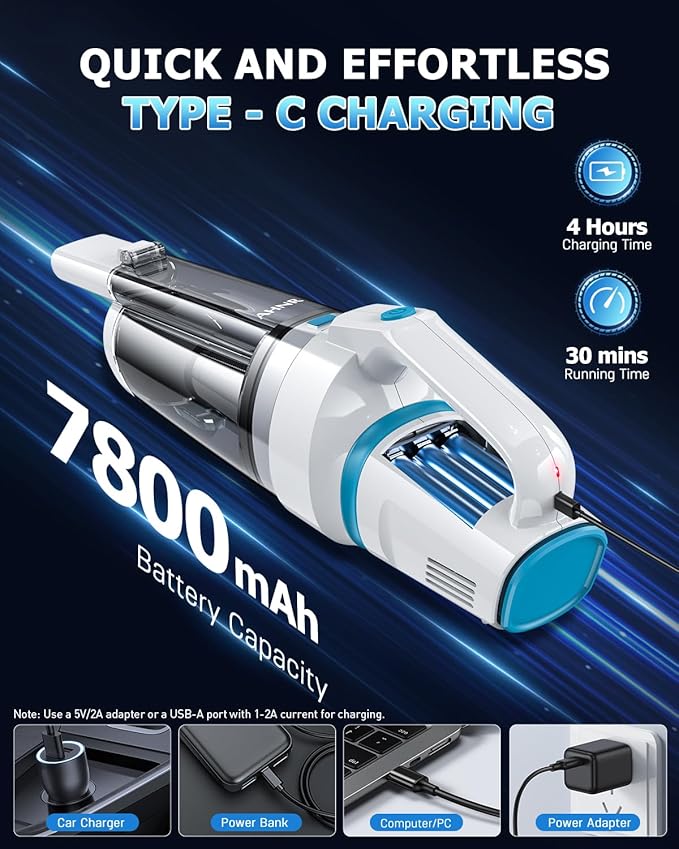 AHNR Handheld Vacuum Cordless, 16000PA Powerful Suction Hand Held Vacuum Dust Busters Cordless Rechargeable with LED Light & 2 HEPA Filters, Portable Car Vacuum Cleaner High Power for Car Home Office