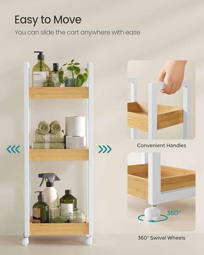 SONGMICS Bamboo Rolling Cart, 3-Tier Utility Cart on Wheels, Slim Narrow Storage Shelf, Bamboo Shelves, Space-Saving, Multifunctional, for Bathroom, Kitchen, White and Natural UBCB083N02