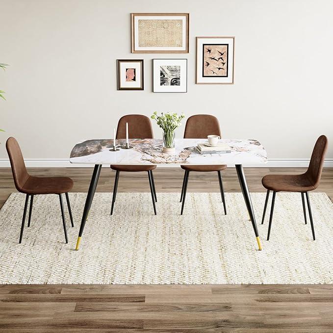 Table and Chairs Set of 4, Dining Room Table Set for 4, Sintered Stone Kitchen Table Top and Modern Chairs Set of 4 for Kitchen Dining Room