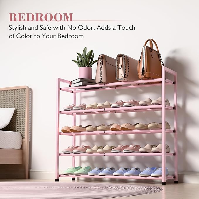 Bumusty 5-Tier Expandable Shoe Rack for Closet, 18“-33” Adjustable Shoe Rack for Small Space, Small Shoe Organizer for Front Door, Sturdy Metal (Pink)