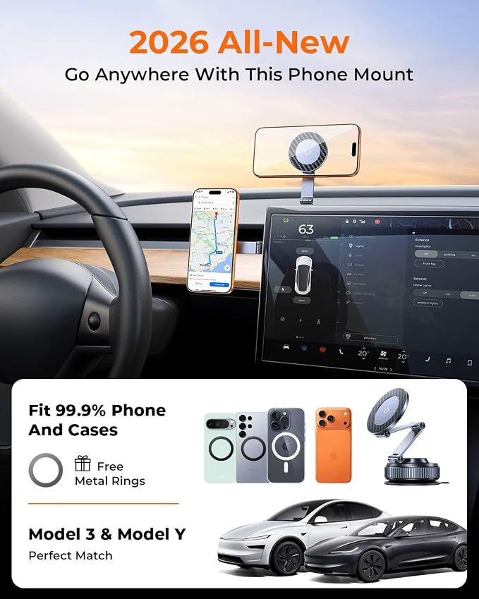 Vacuum Magnetic Car Phone Holder for Magsafe，Long Arm for Tesla Model Y/3 | All Metal，Nano Gel 119+LBS Max Suction，Foldable Hidden Tesla Phone Mount，360°Rotation，Easiest Car Mount for iPhone &amp And