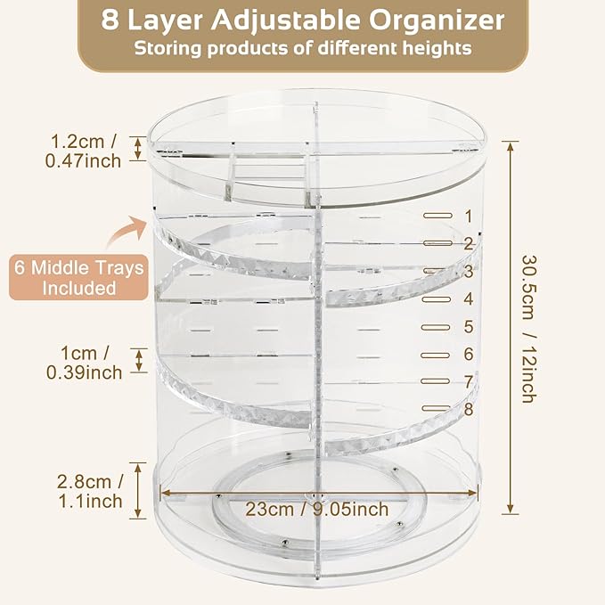 Boxalls Makeup Organizer Rotating Large Capacity, 360 Makeup Carousel with Brush Compartment, Clear Skincare Cosmetic Spinning Organizer with 7 Layers for Countertop Vanity Bathroom Bedroom