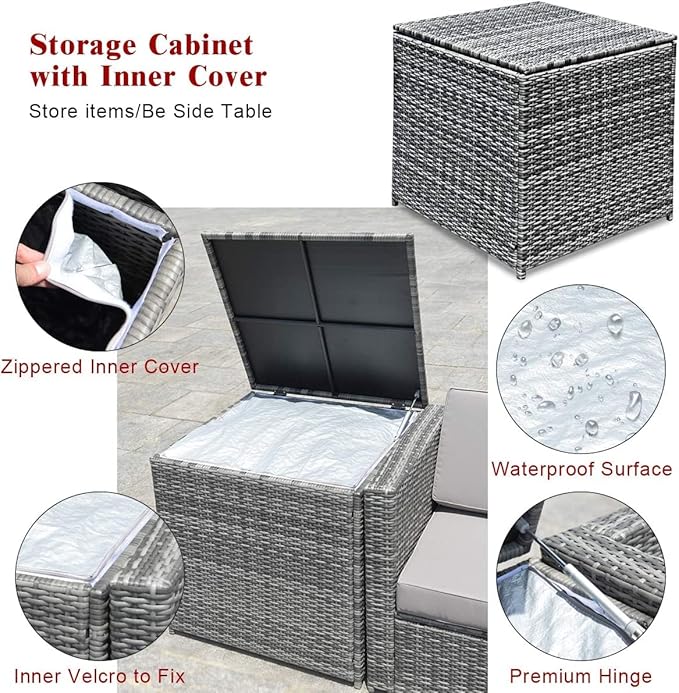 HAPPYGRILL 8 Piece Patio Furniture Set Outdoor PE Rattan Conversation Set with Storage Box, Sectional Wicker Sofa Set with Coffee Table and Cushions for Garden Backyard