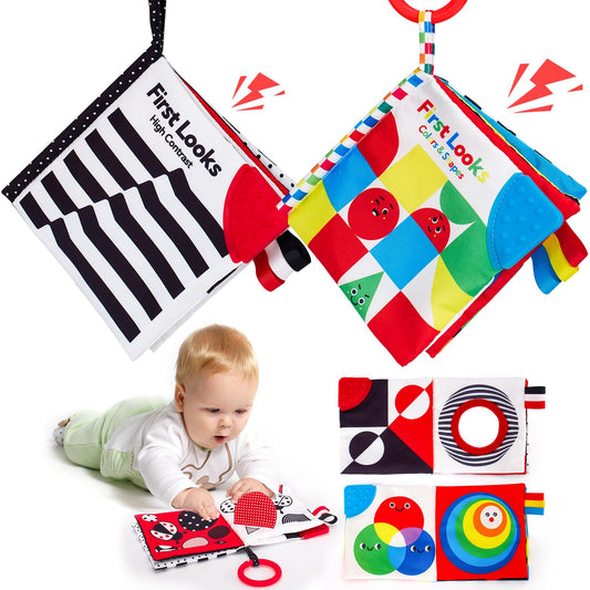 hahaland Baby Books 0-6 Months - 2PCS Infant Toys 0-6m Tummy Time Babies Toy Newborn Toys High Contrast Visual Development Sensory Book Baby Girl Boy Shower Gift