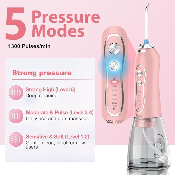 Water Dental Flosser Teeth Cleaner Pick, H2ofloss Cordless Portable Oral Irrigator,5 Mode IPX7 Waterproof Teeth Picks 300ML Rechargeable WaterFlosser for Home Travel (Pink)