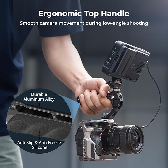 SMALLRIG Top Handle with Monitor Mount Kit, with 3/8"-16 Locating Holes for ARRI, 5 Built-in Cold Shoe, 360° Swivel and 180° Tilt Adjustable Monitor Holder with Thumbscrew, Anti-Twist Design - 5322