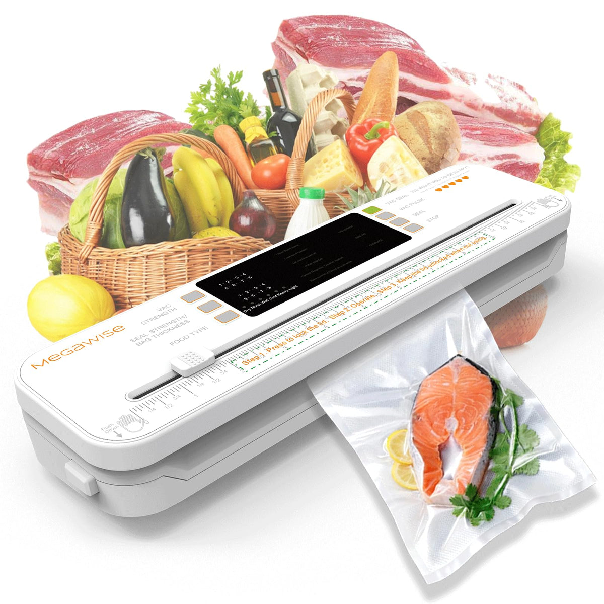 MEGAWISE Food Vacuum Sealer for Food Preservation, Freezer Storage & Meal Prep, Dry & Moist Modes, Built-in Cutter Compact, White