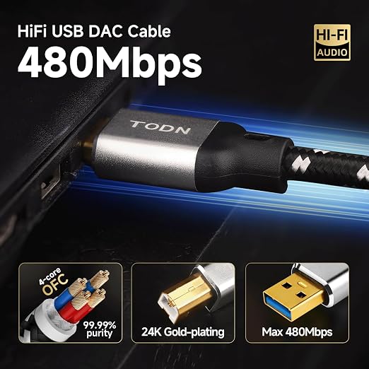 TODN Audiophile USB A to USB B Cable OCC Silver Plated USB Audio Cable HiFi 3.0 USB A to B Cable for DAC Sound Card Digital Piano Mixer Amplifier &amp Printer (9.8FT/3M)