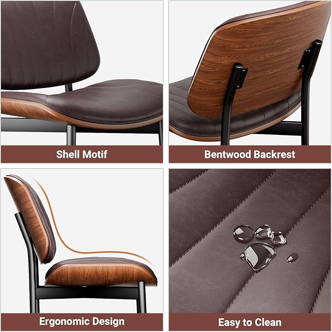 Dining Chairs Set of 4, Dining Room and Kitchen Chairs, Mid Century Modern Accent Chair, Upholstered PU Leather Chairs for Vanity with Walnut Bentwood and Metal Legs, Brown