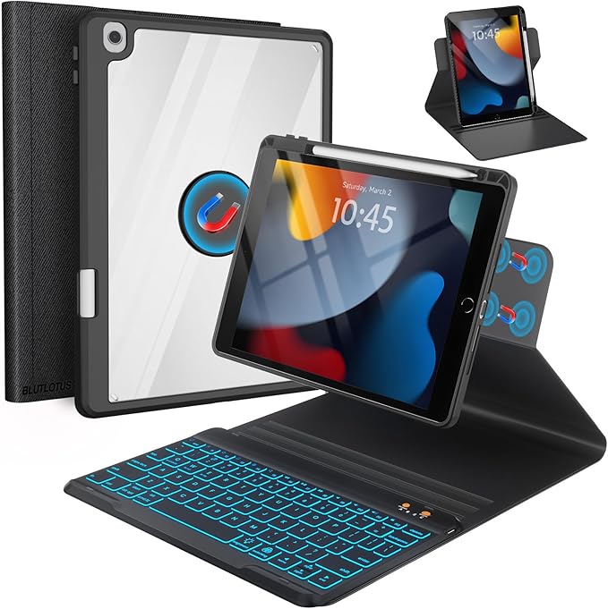 BLUTLOTUS Keyboard case for iPad 9th/8th/7th Generation 10.2 Inch - Backlit Wireless Detachable Folio Keyboard Cover with Pencil Holder for iPad 9th/8th/7th Gen Air 3rd Generation 10.5 Inch
