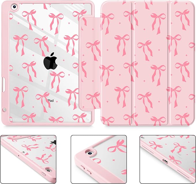 Case for iPad 9th/8th/7th Generation 10.2-Inch (2021/2020/2019 Release) with [Built-in Pencil Holder] Shockproof Cover with Clear Transparent Back Shell &amp Auto Wake/Sleep - Blue Bows