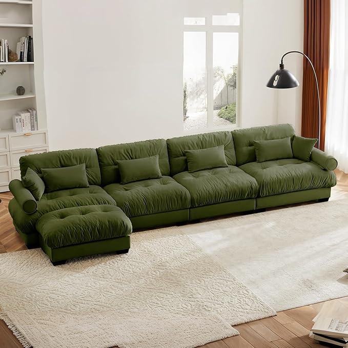 166" Oversized Couch, 4 Seater Modular Sectional Sofa, Olive Green Large L Shaped Sectional Couches for Living Room, Fluffy Couch Set, 4 Seater, Velvet Cloud with Ottoman, Sofas for Living Room