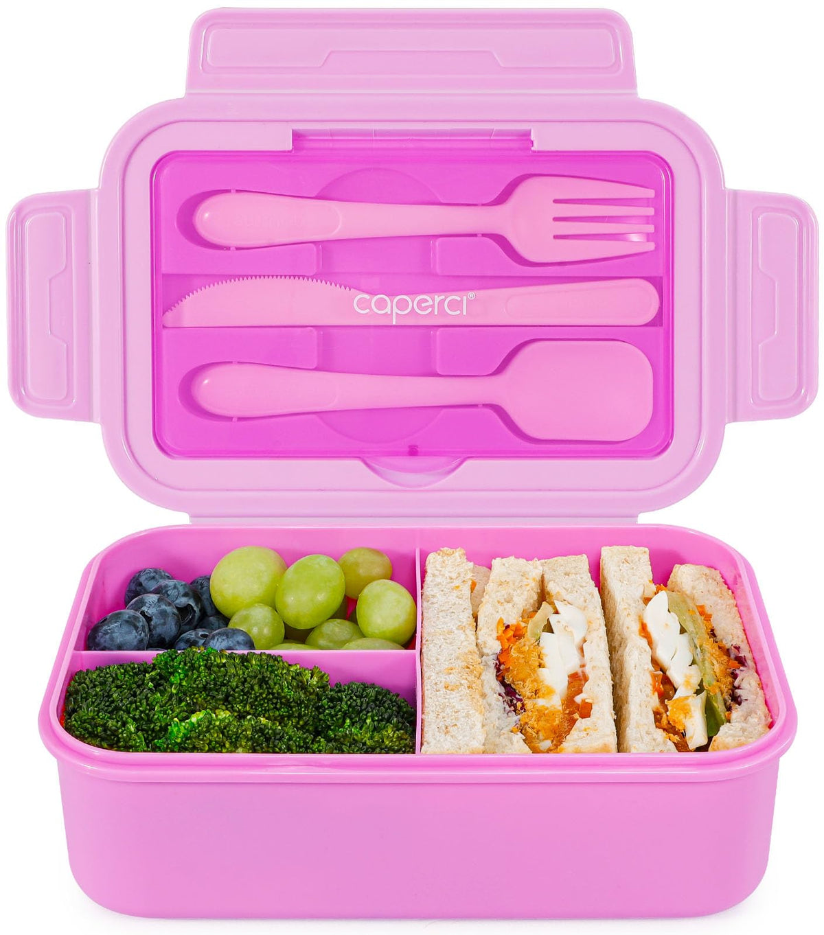 Caperci Classic Bento Lunch Box for Kids & Adults - Leakpoof 47oz Food Lunch Containers for Girls Women, 3-Compartment, Built-in Utensil Set, BPA-Free, Dishwasher/Microwave Safe (Vivid Orchid)