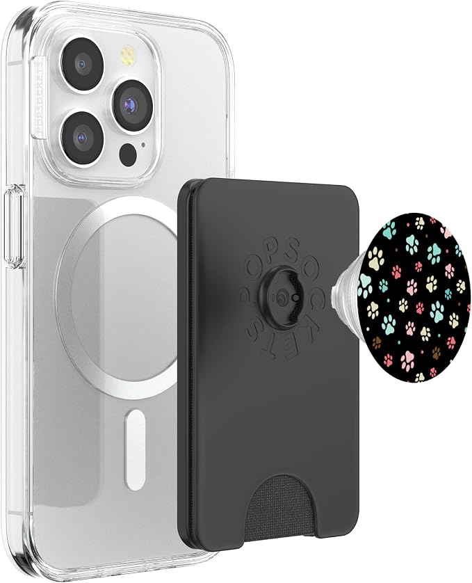 Cute Colorful Paw Print Pattern On Black Background PopSockets Adhesive PopGrip