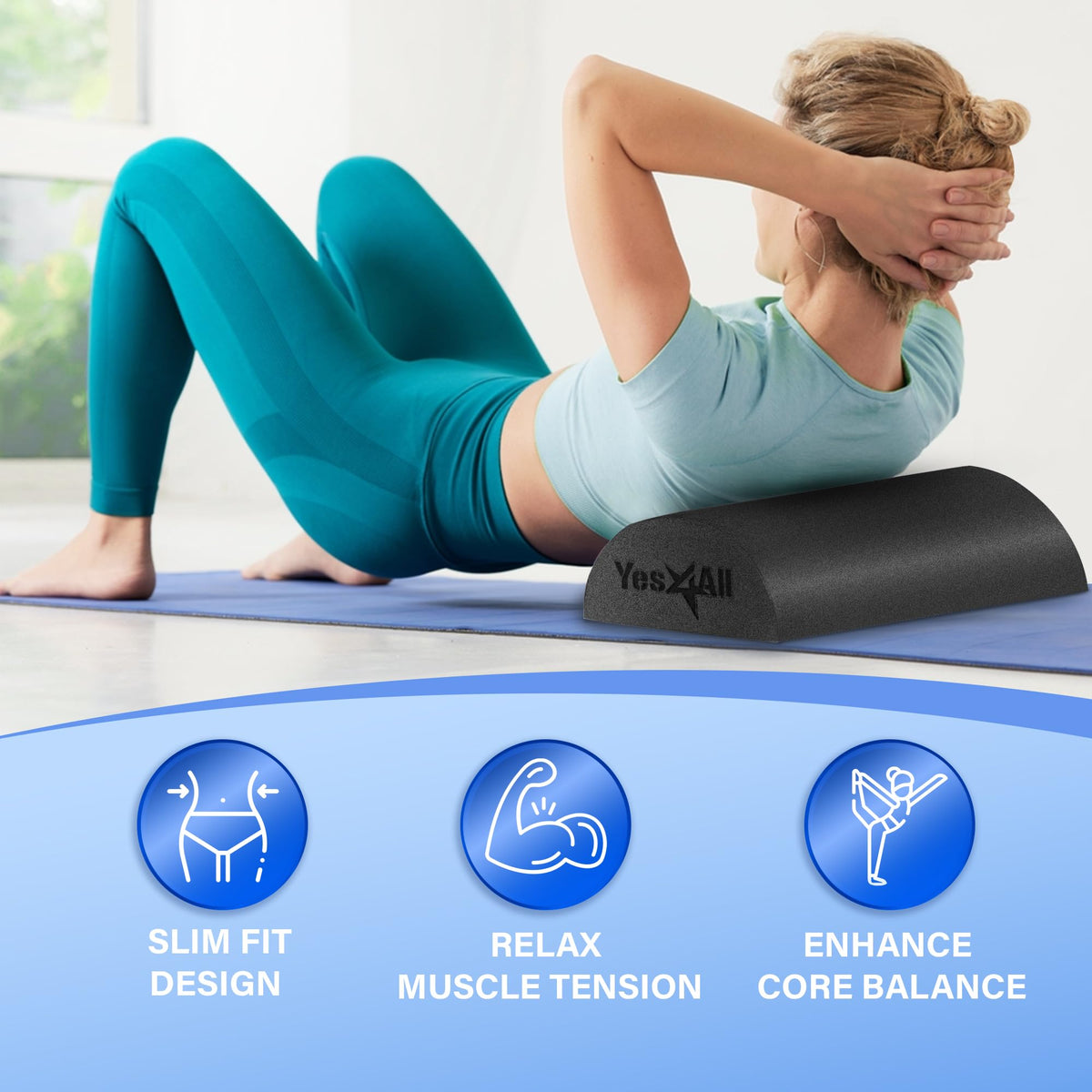 Yes4All Half Foam Roller, PE Material, Medium Firm, Back Roller for Stretching, Mobility, Yoga & Pilates, Black, 12 Inch