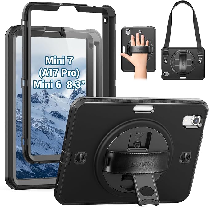 SEYMAC Case for iPad mini 7 (A17 Pro) 2024/ Mini 6 8.3 Inch Shockproof Protective Case with Screen Protector Stand Hand/Shoulder Strap and Pencil Holder for iPad mini 7th/6th Generation Black | Sh