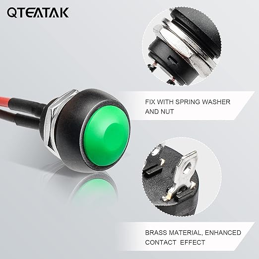 QTEATAK 1/2"(12mm) Pre-Wired Mounting Hole On/Off Green Mini Round Waterproof Momentary Push Button Switch JF-33B -2Pack