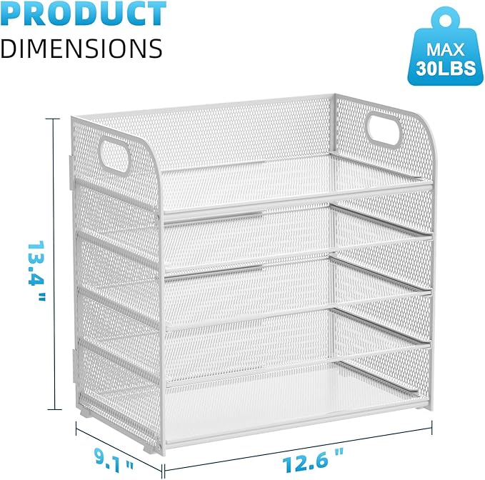 Marbrasse Paper Organizer Letter Tray, 5 Tier Mesh File Organizer with Handle, Paper Sorter Desk Organizer for Home Office Supplies - White