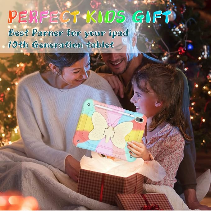 Ambison Kids Case for iPad A16 11th/10th Generation 11''/10.9'' Multicolor | 9H Tempered Glass Screen Protector Butterfly Stand Shoulder Strap Heavy DutyShockproof Pencil Holder