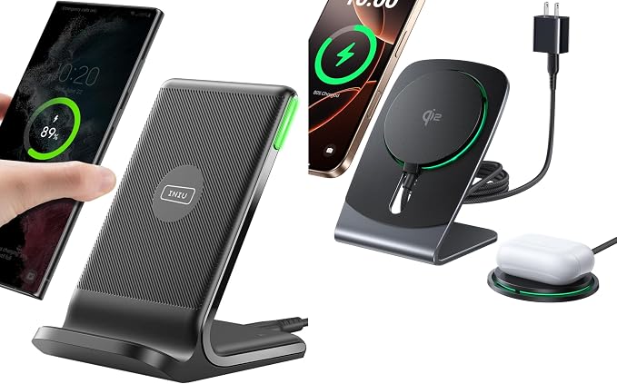 INIU 15W Fast Qi Certified Wireless Charging Station &amp Qi2 Certified 15W Mag-Safe Wireless Charger Stand Combo