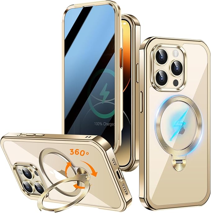 [360° Rotatable CD Stand & Built-in Privacy Screen Magnetic Case for iPhone 14 Pro [Compatible with MagSafe & Full Signal] Mil-Grade Shockproof Full Body Anti-Spy Cover for 14 Pro-Gold
