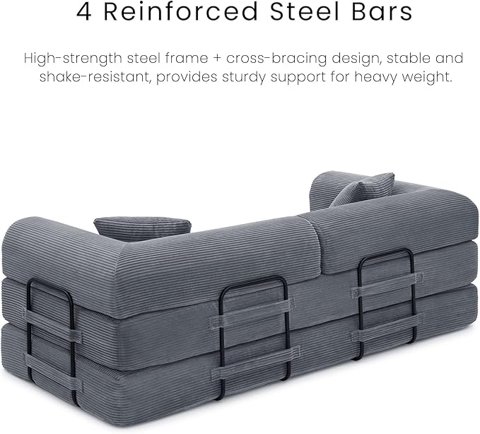 Compression Sofa - 79'' Convertible Sofa Bed, Boneless Couch in a Box, Modular Corduroy Foldable Sleeper Sofa with 2 Pillows, Loveseat Couches for Living Room (Corduroy Fabric, Dark Grey)