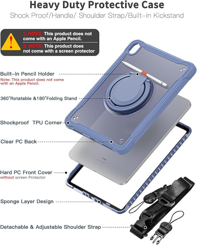 BRAECN for iPad (A16) 11th/10th Generation Case 11 inch 2025/10.9'' 2022 Handle Protective Cover 360 Rotating Ring Stand Shockproof Dropproof Case for Kids Kickstand &amp Pencil Holder &amp Shoulde