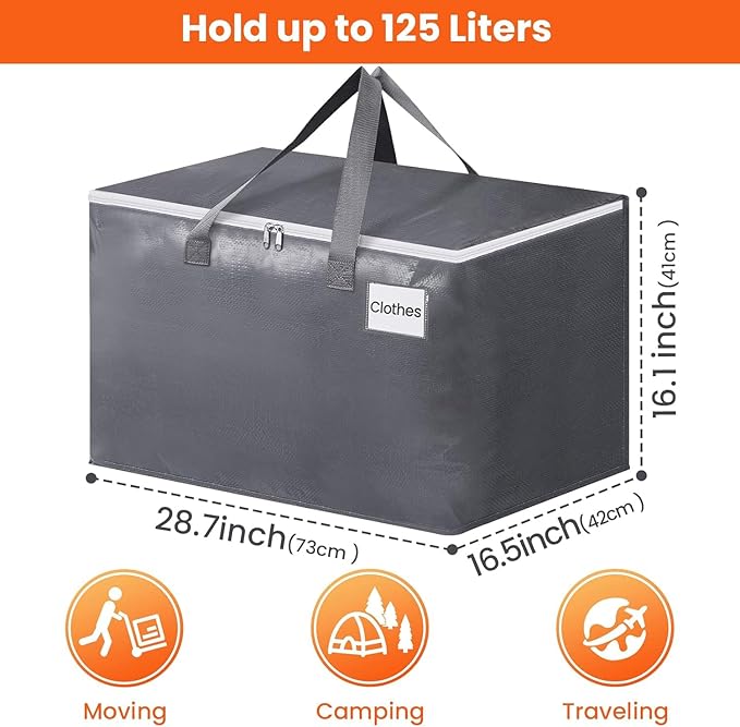 BlissTotes Large Moving Boxes and with Zippers & Handles Moving Supplies with lids, Heavy Duty Totes for Storage Bags for Space Saving, Fold Flat, Moving and Storing 125L, 6 Pack