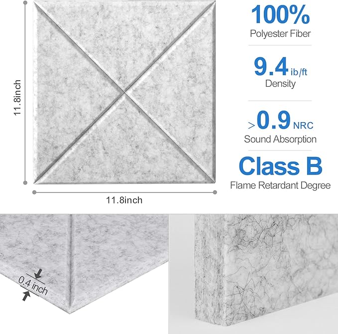 Sonicism 12 Pack X-Lined Acoustic Panels with Self-Adhesive, 12"X 12"X 0.4" Sound Proof Foam Panels, Decorative Soundproof Wall Panels, Sound Absorbing Tile for Home & Offices, Silver Gray